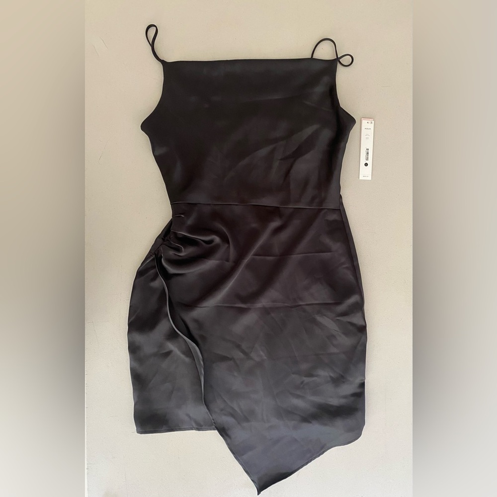 AQUA Black Satin Asymmetrical Ruched Mini Dress Size L NWT